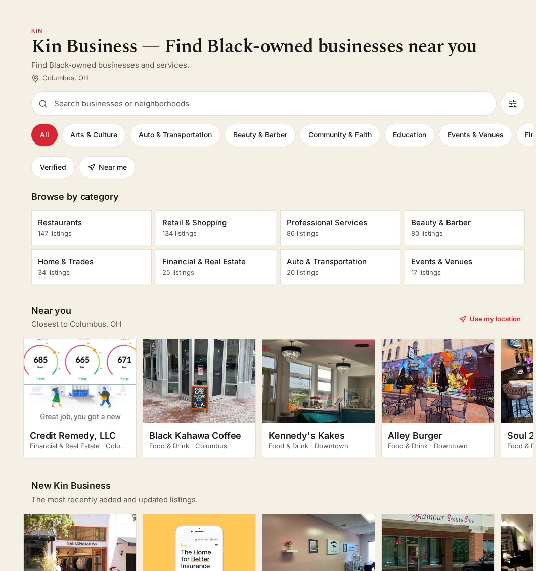 The existing Kin Business directory with search, categories and real business listings